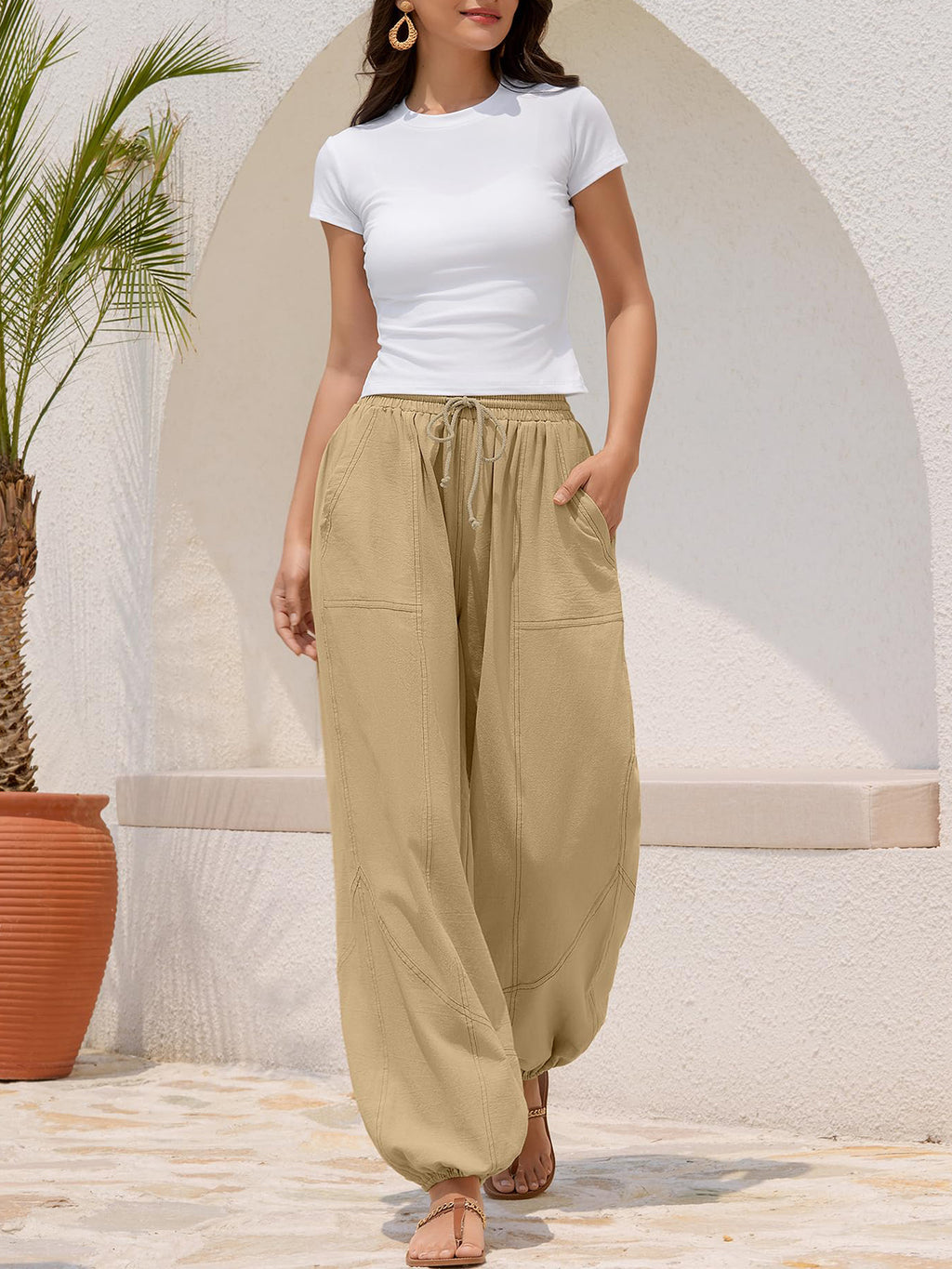Drawstring Waist Cuffed Balloon Pants - Khaki