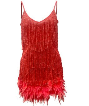Sequin Fringe Feather Trim Cami Mini Dress - Red