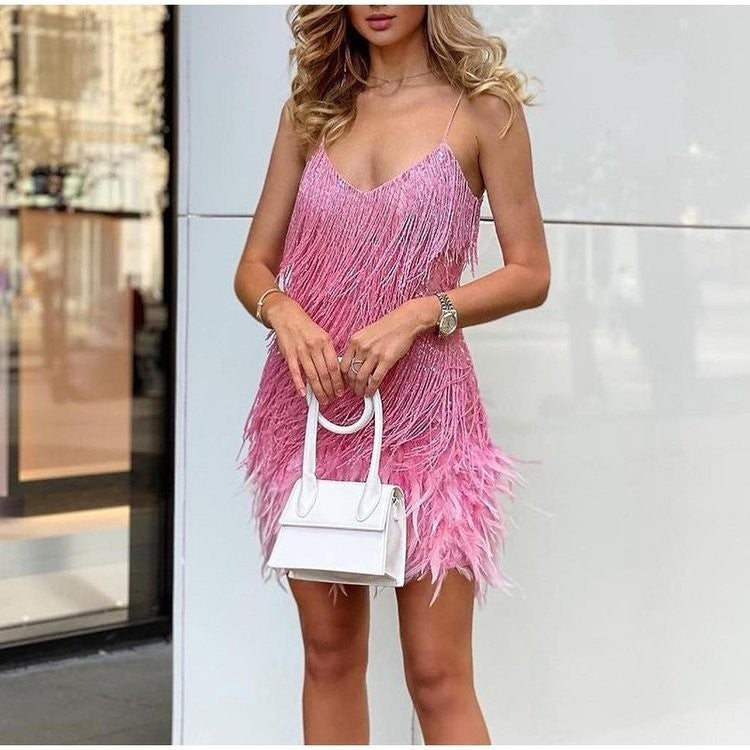 Sequin Fringe Feather Trim Cami Mini Dress