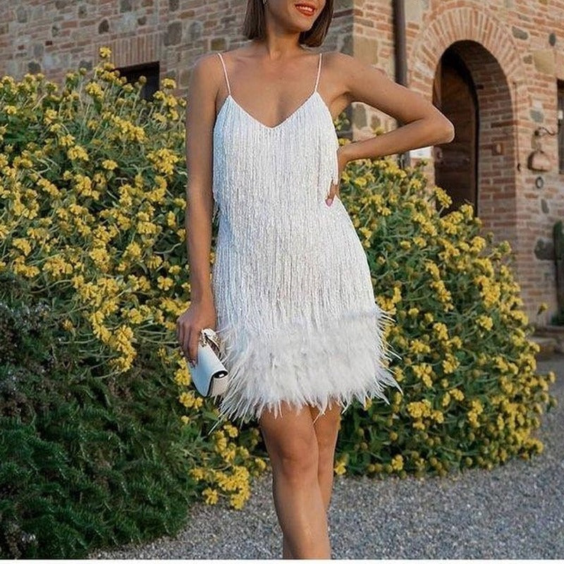 Sequin Fringe Feather Trim Cami Mini Dress