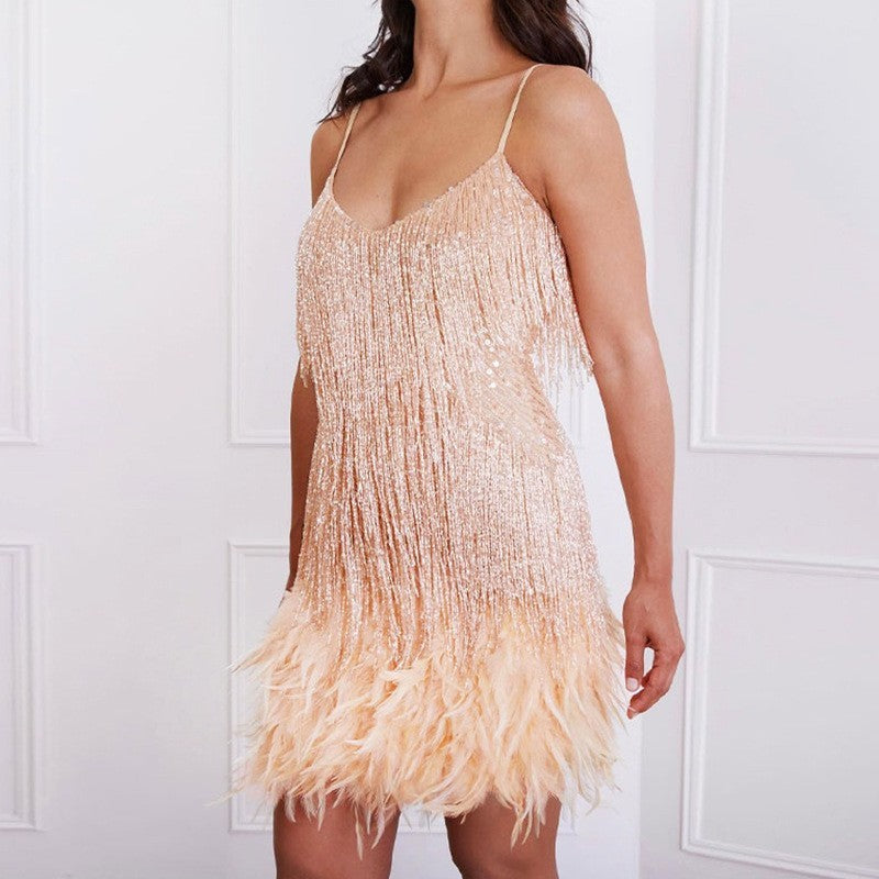 Sequin Fringe Feather Trim Cami Mini Dress