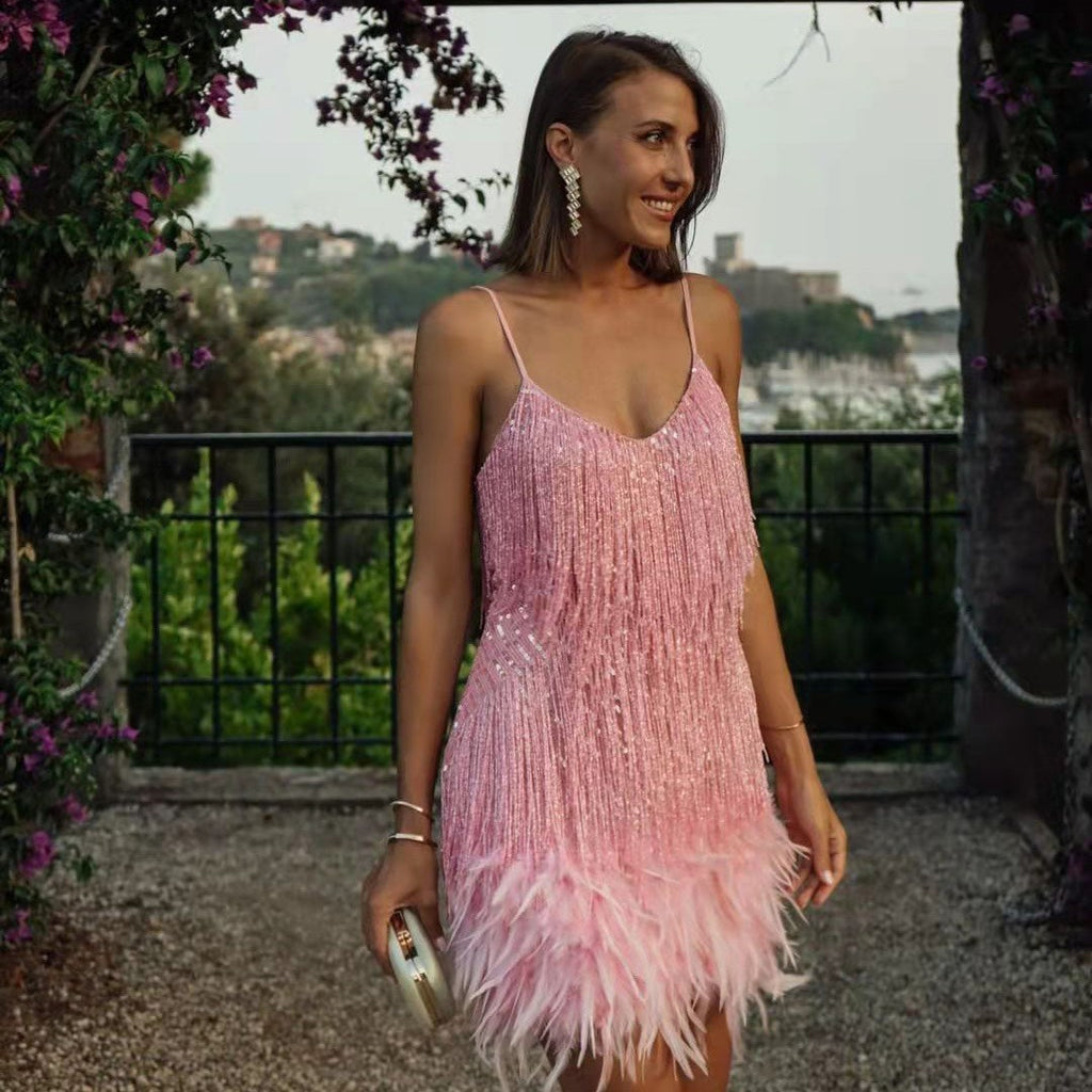 Sequin Fringe Feather Trim Cami Mini Dress