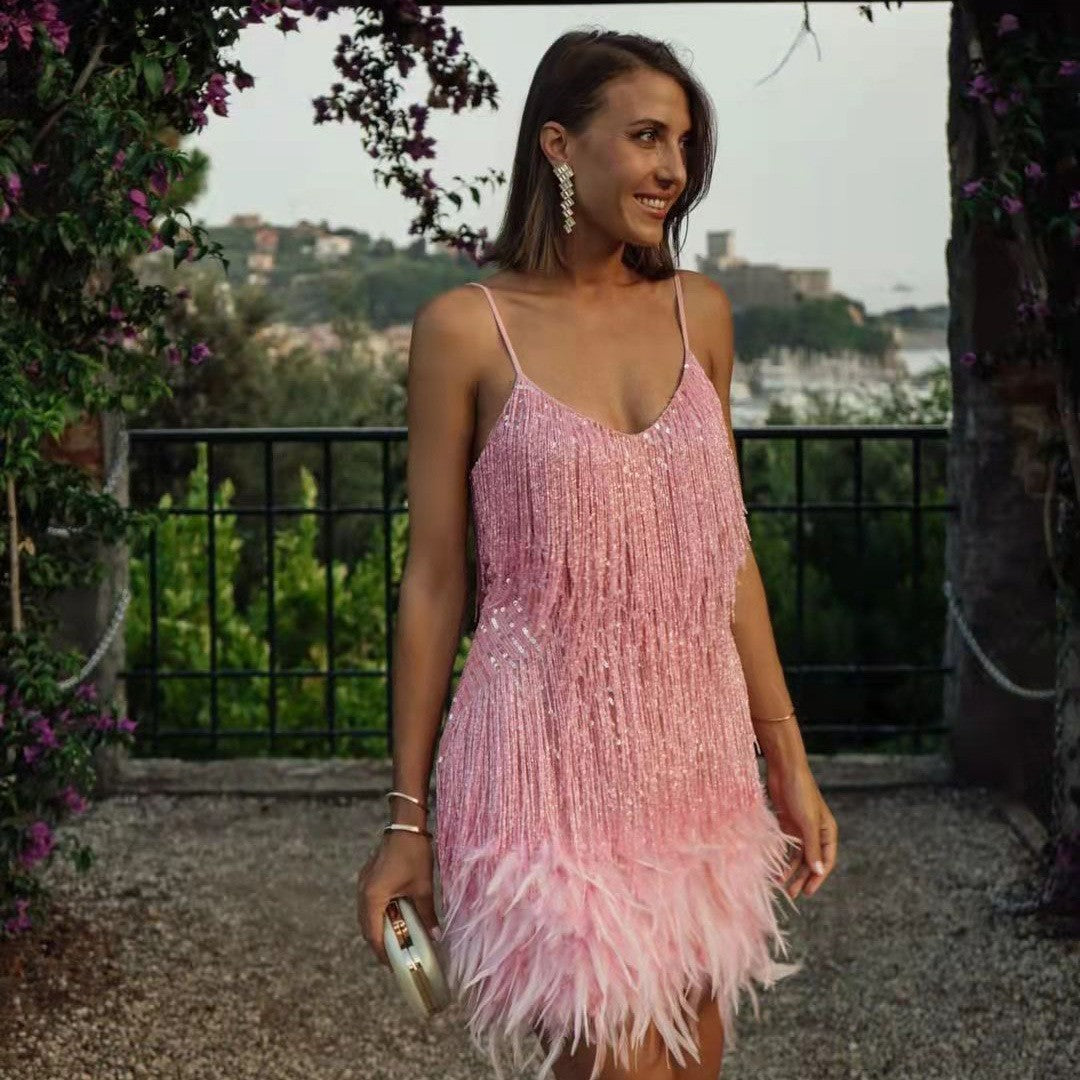 Sequin Fringe Feather Trim Cami Mini Dress