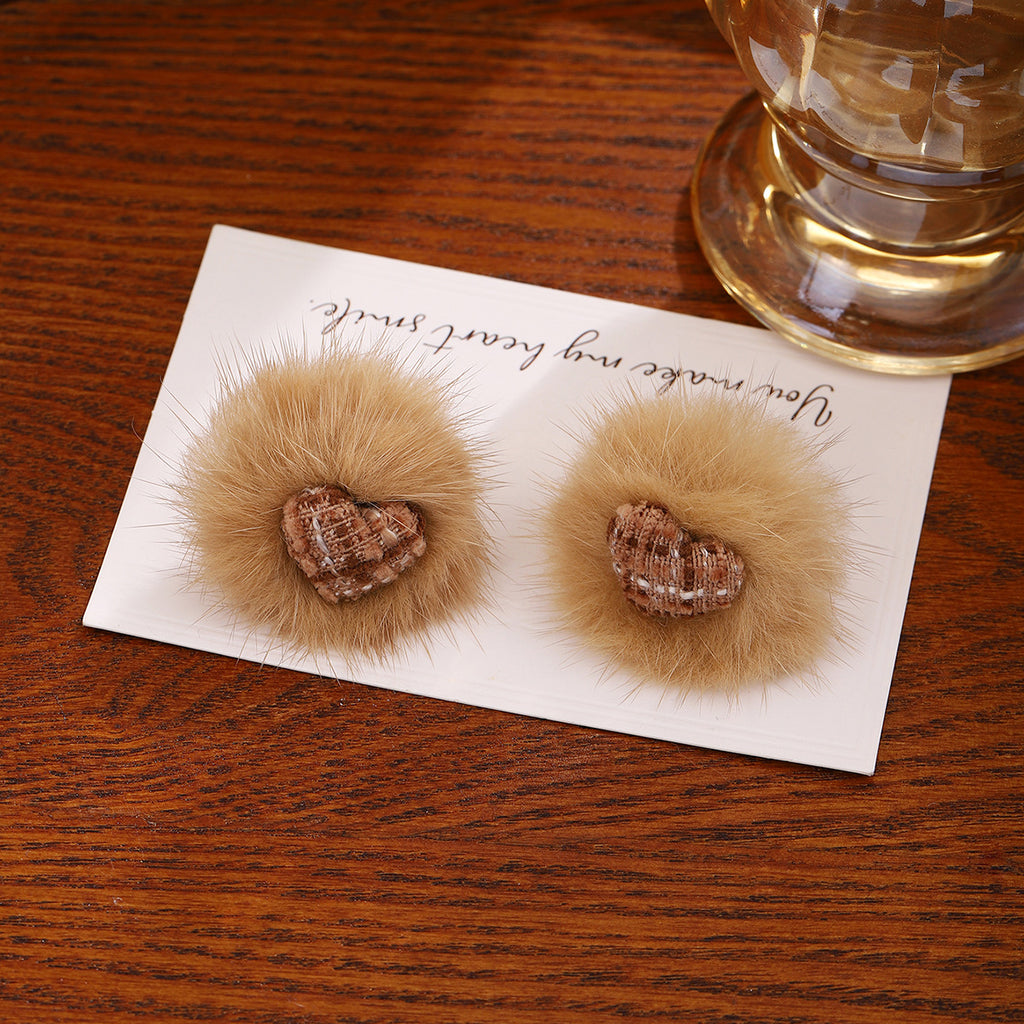 Tweed Heart Fluffy Fur Stud Earrings - Coffee - 1
