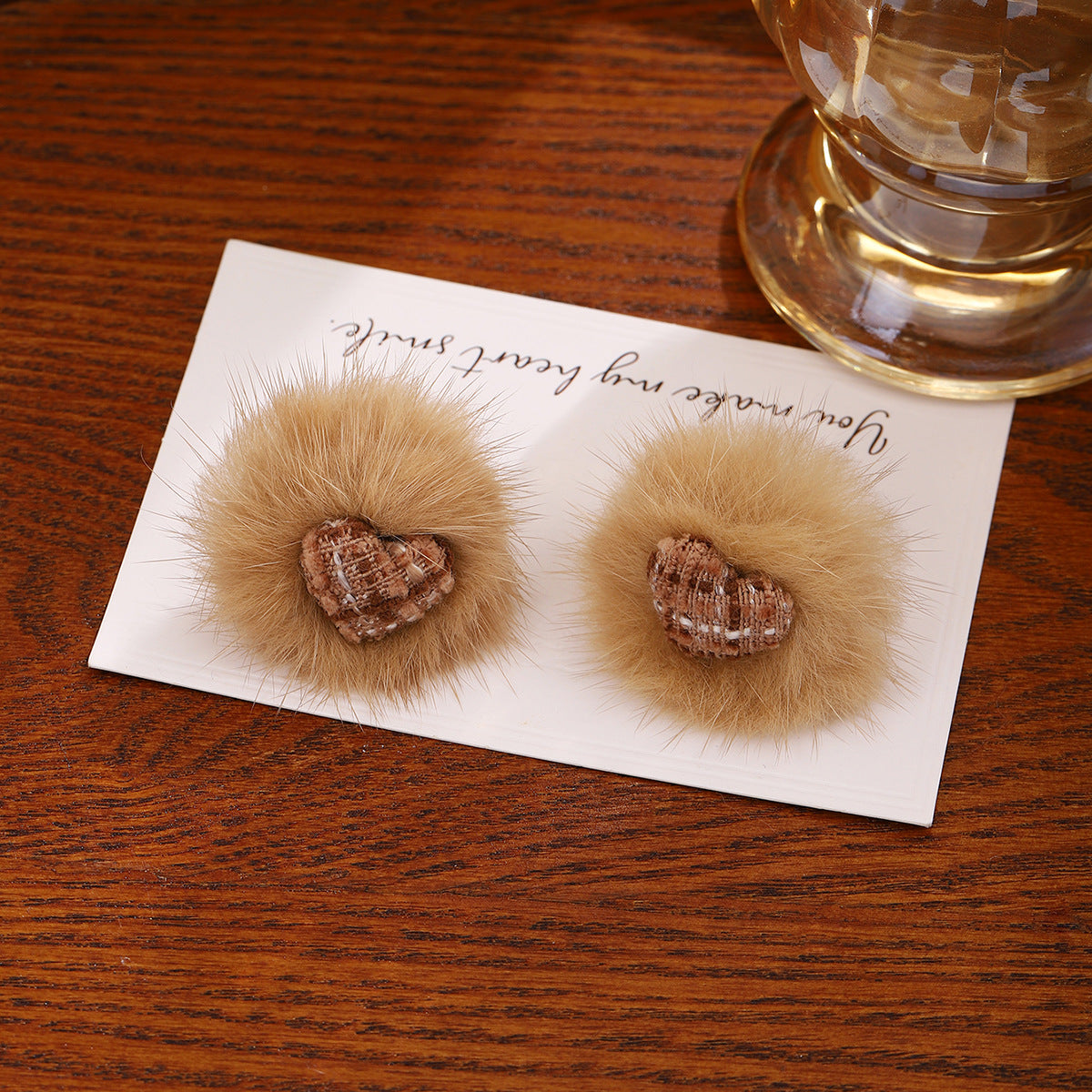 Tweed Heart Fluffy Fur Stud Earrings - Coffee - 1