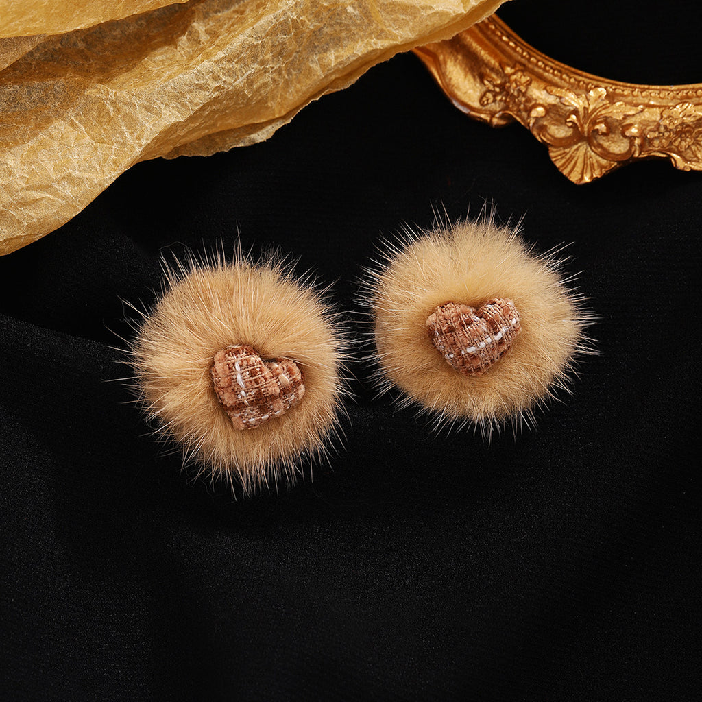 Tweed Heart Fluffy Fur Stud Earrings - Coffee - 2
