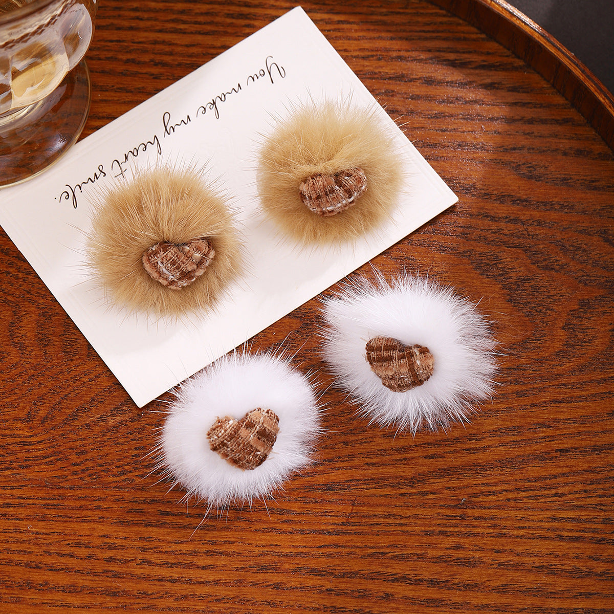 Tweed Heart Fluffy Fur Stud Earrings - view 1