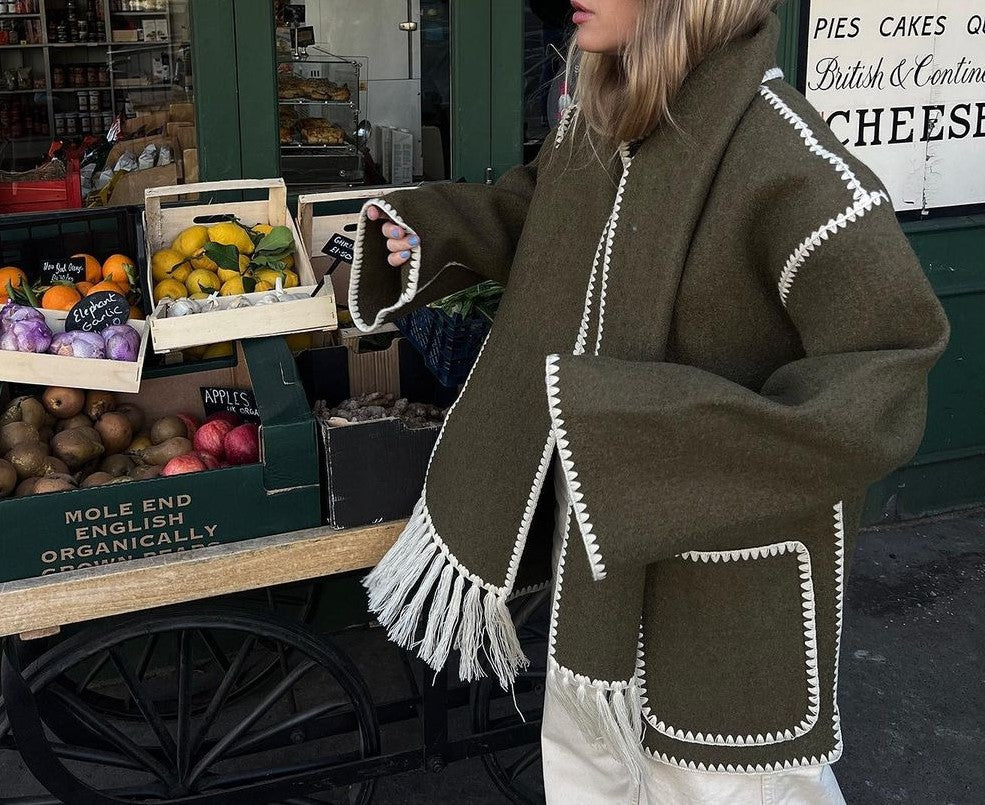 Fringed Scarf Collar Blanket Stitch Coat - Army green