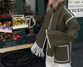 Fringed Scarf Collar Blanket Stitch Coat - Army green