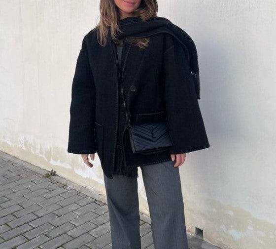Fringed Scarf Collar Blanket Stitch Coat - Black