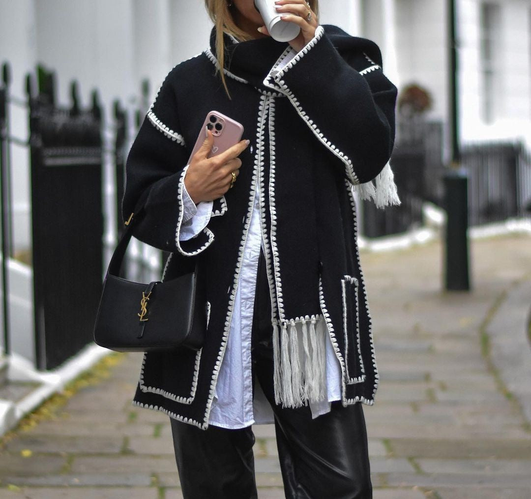 Fringed Scarf Collar Blanket Stitch Coat - Black white