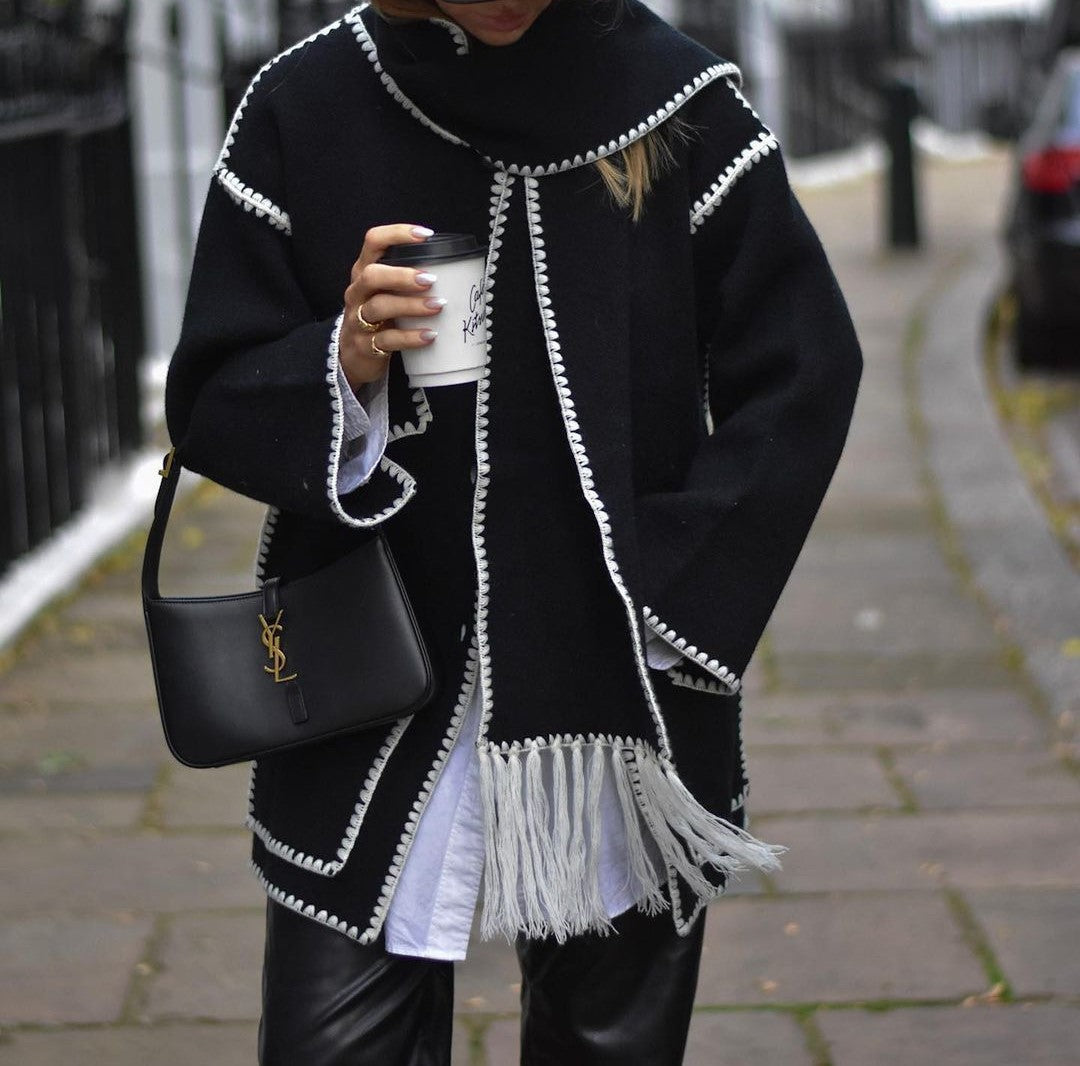 Fringed Scarf Collar Blanket Stitch Coat - Black white - 1