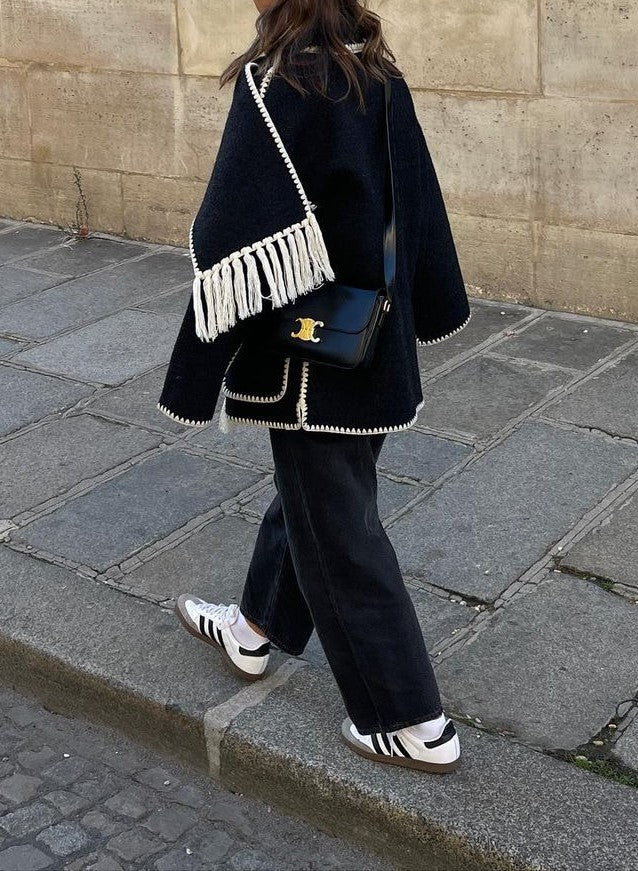 Fringed Scarf Collar Blanket Stitch Coat - Black white - 2