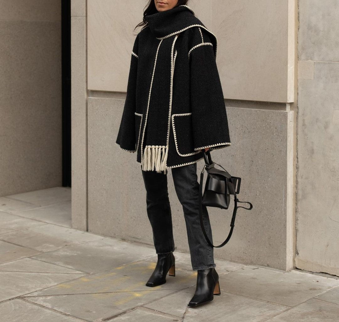 Fringed Scarf Collar Blanket Stitch Coat - Black white - 3