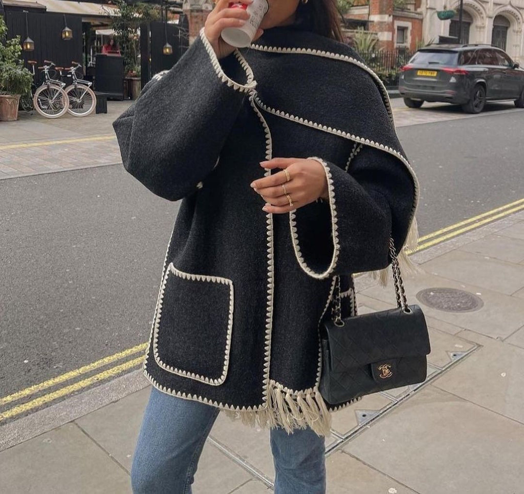 Fringed Scarf Collar Blanket Stitch Coat - Black white - 4