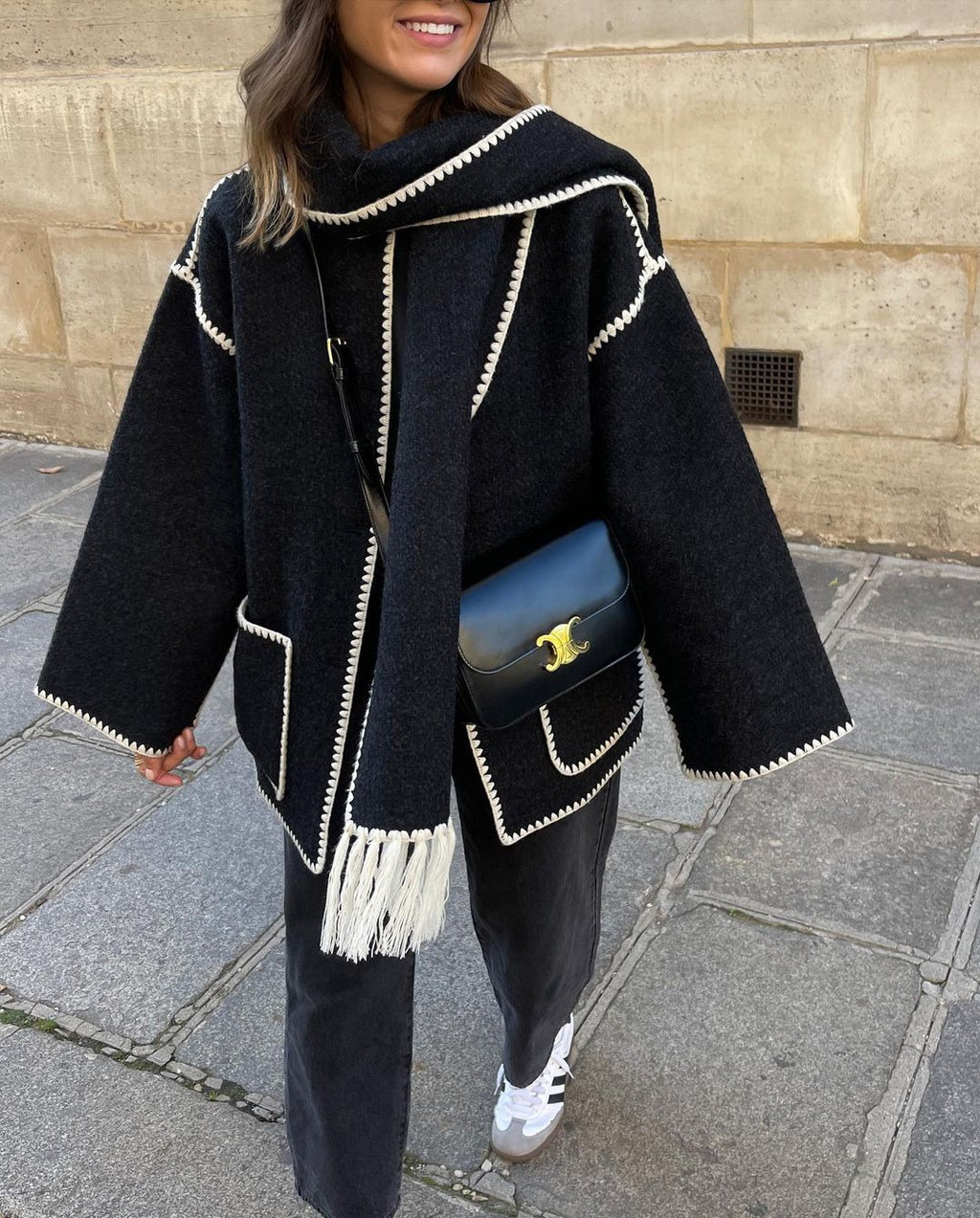 Fringed Scarf Collar Blanket Stitch Coat - Black white - 5