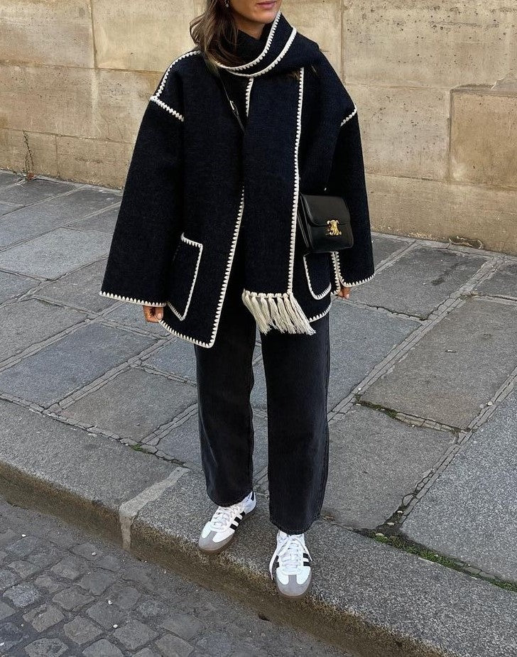 Fringed Scarf Collar Blanket Stitch Coat - Black white - 6