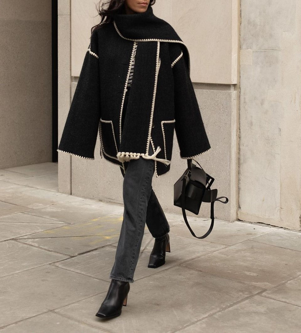 Fringed Scarf Collar Blanket Stitch Coat - Black white - 7