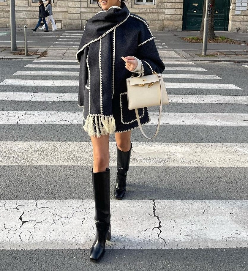 Fringed Scarf Collar Blanket Stitch Coat - Black white - 8