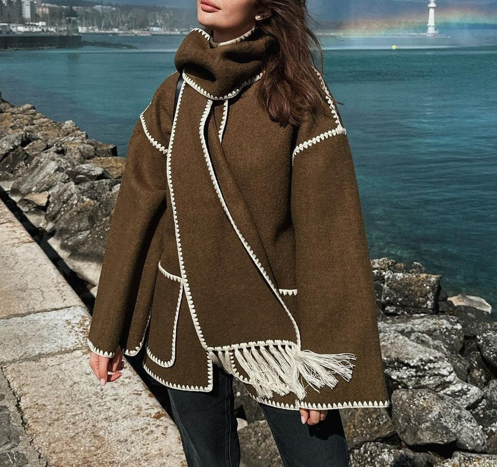 Fringed Scarf Collar Blanket Stitch Coat - Brown