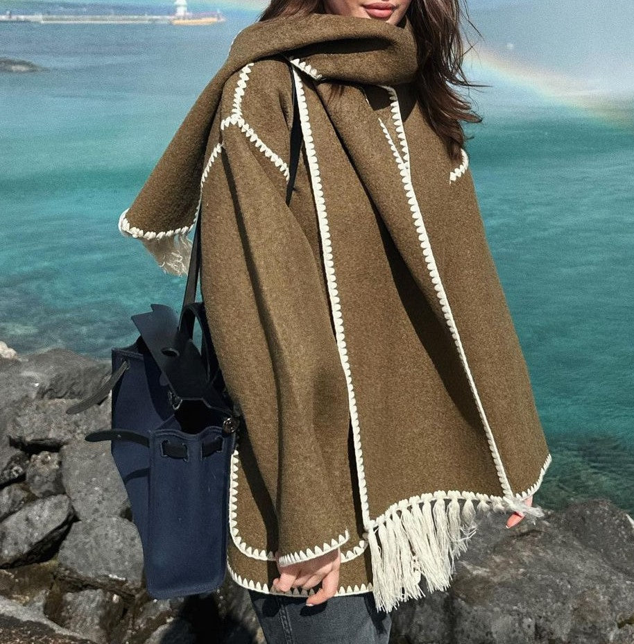 Fringed Scarf Collar Blanket Stitch Coat - Brown - 1