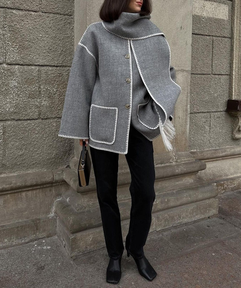 Fringed Scarf Collar Blanket Stitch Coat - Gray