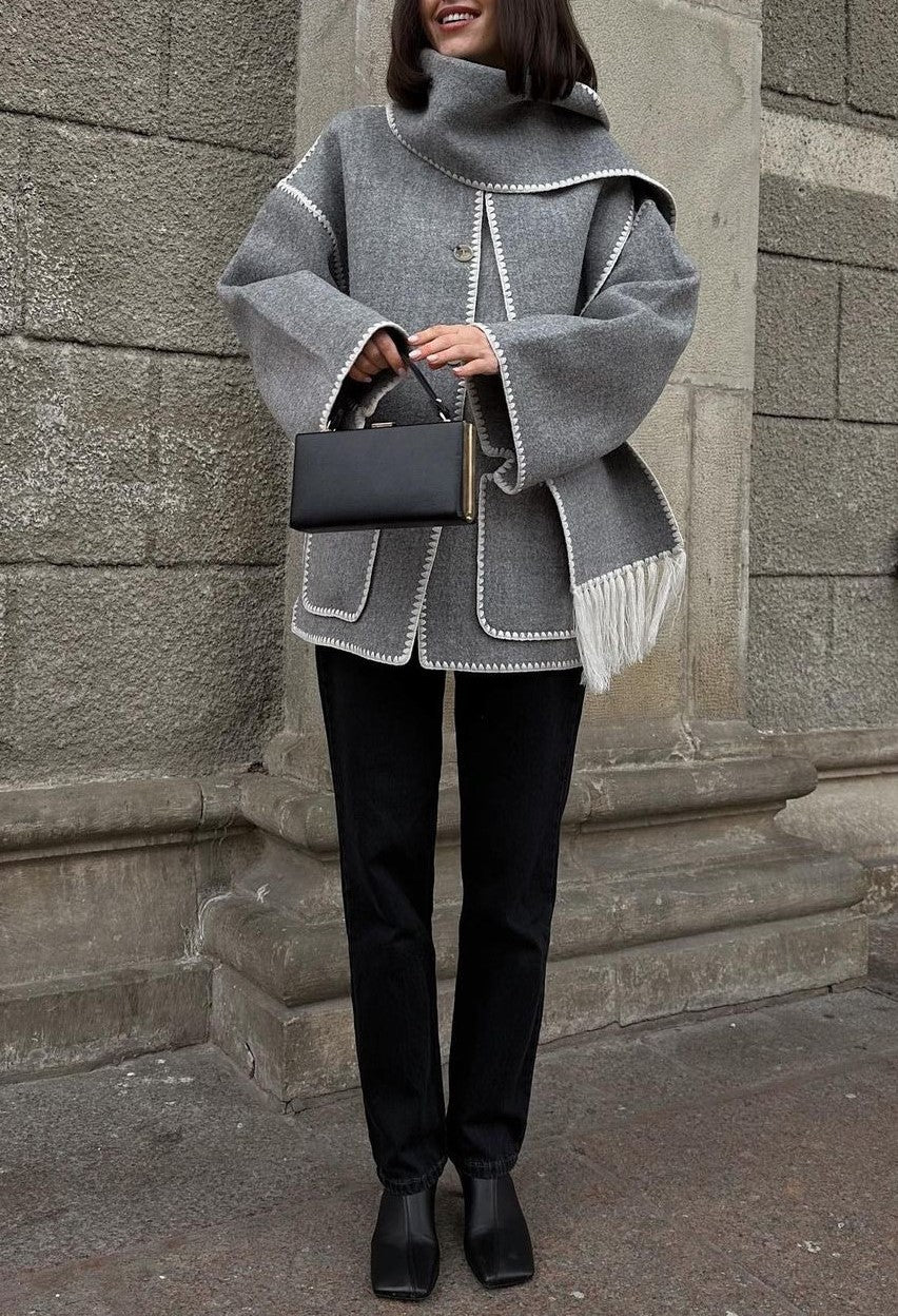 Fringed Scarf Collar Blanket Stitch Coat - Gray - 1