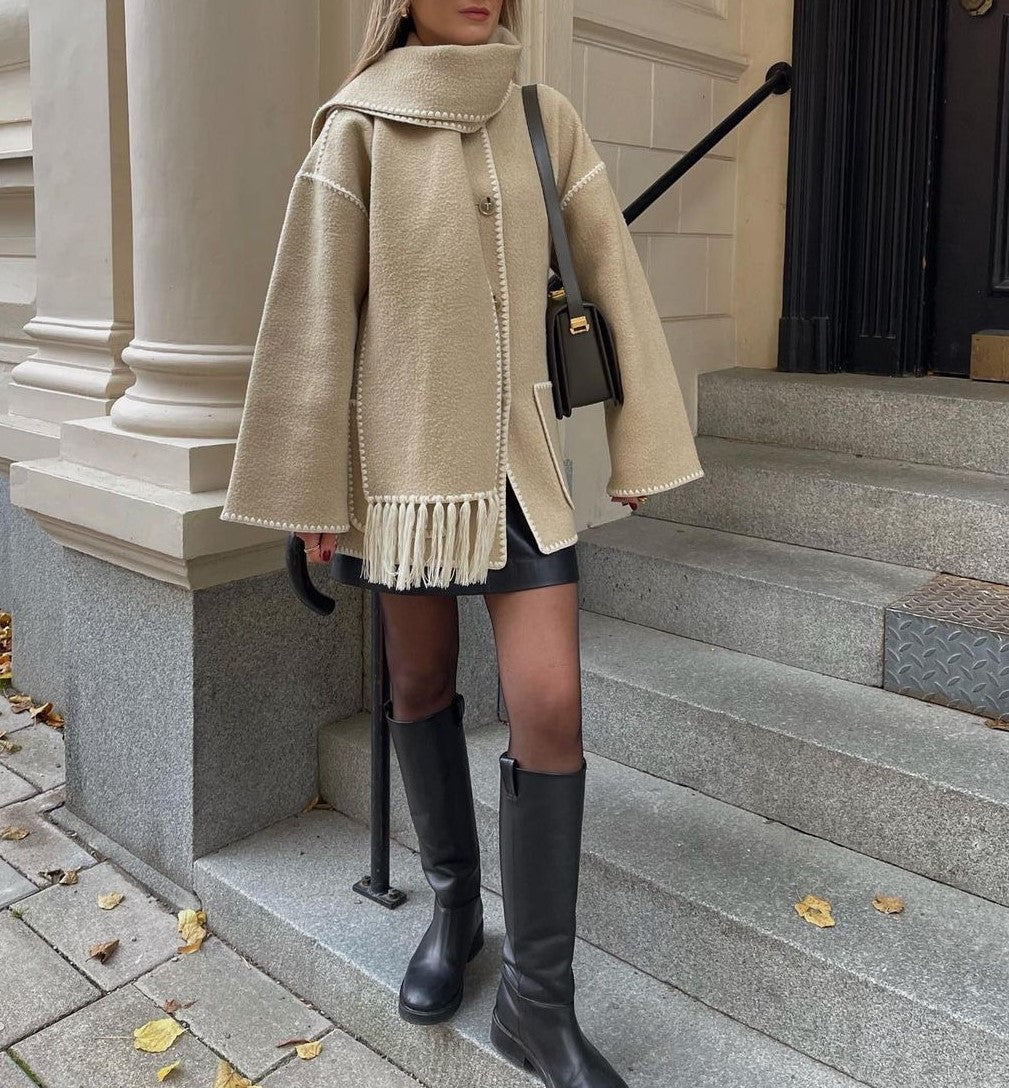 Fringed Scarf Collar Blanket Stitch Coat - Khaki