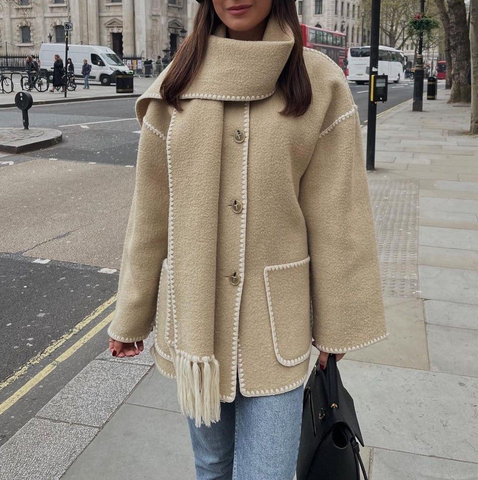 Fringed Scarf Collar Blanket Stitch Coat - Khaki - 1