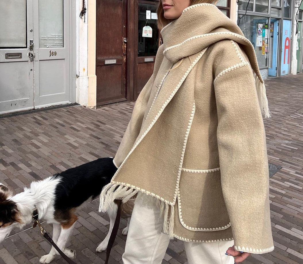 Fringed Scarf Collar Blanket Stitch Coat - Khaki - 2