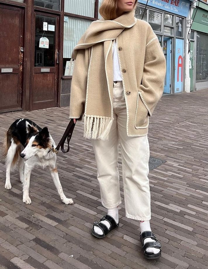 Fringed Scarf Collar Blanket Stitch Coat - Khaki - 3