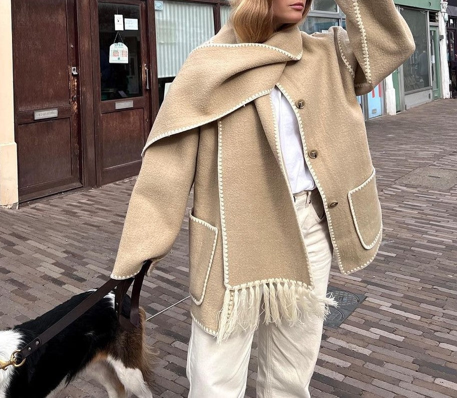 Fringed Scarf Collar Blanket Stitch Coat - Khaki - 4