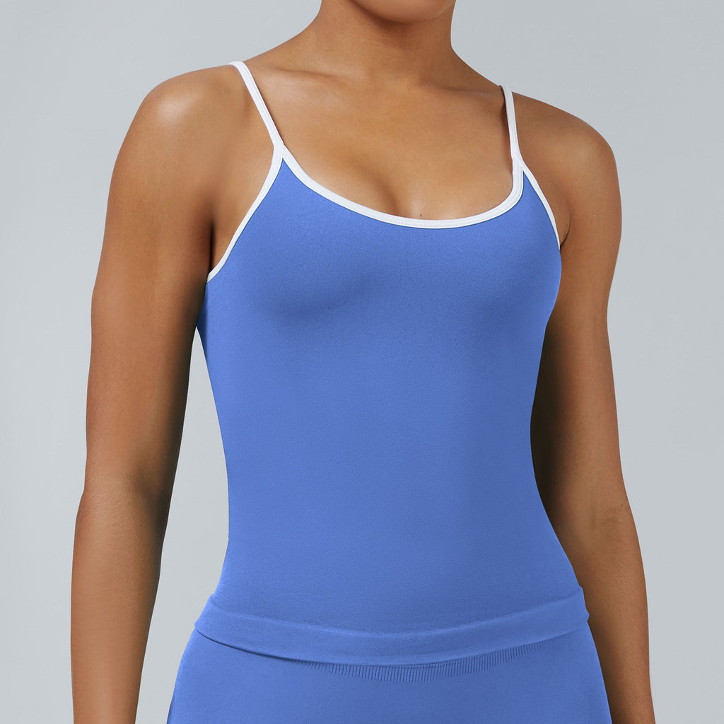 Contrast Trim Seamless Scoop Back Workout Tank - Provence Blue