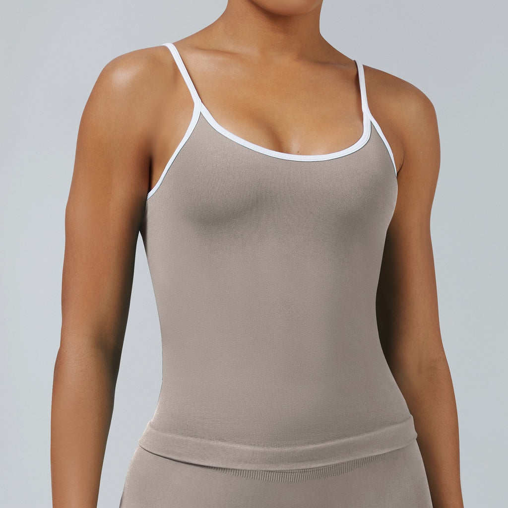 Contrast Trim Seamless Scoop Back Workout Tank - Stone