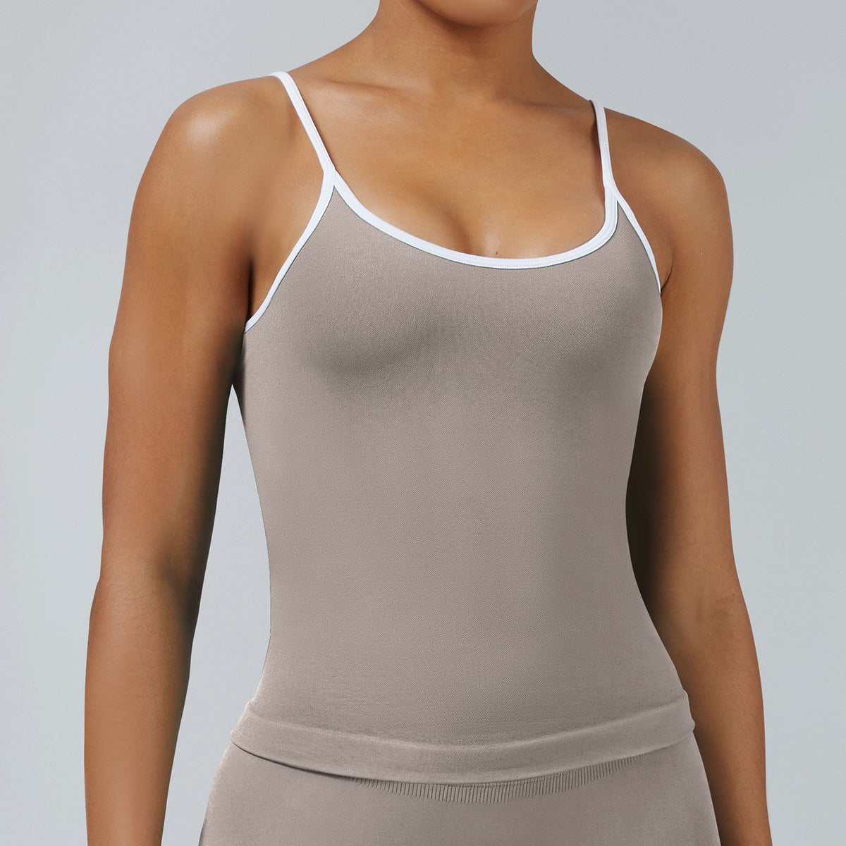 Contrast Trim Seamless Scoop Back Workout Tank - Stone
