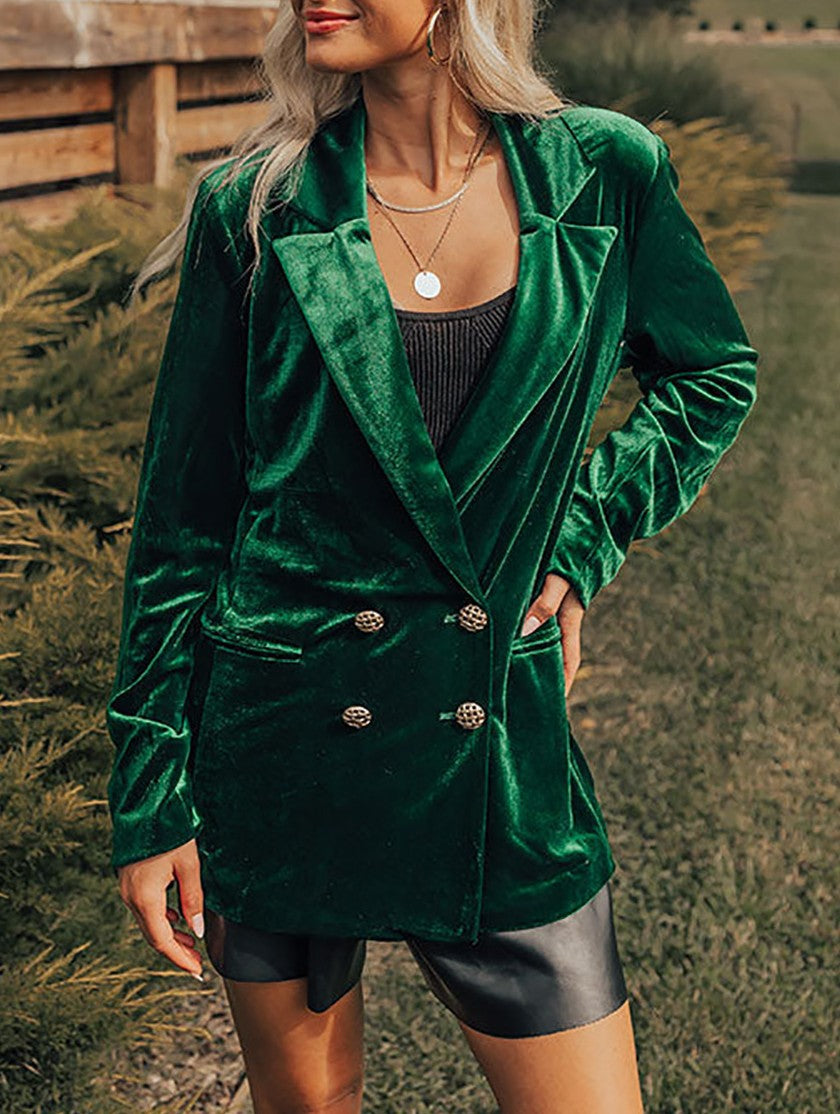 Plush Velvet Notch Lapel Double Breasted Blazer - Green