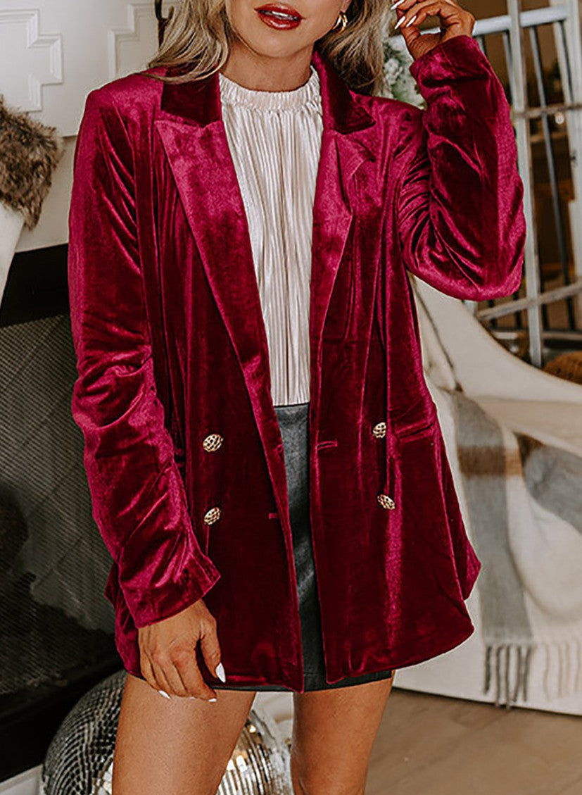 Plush Velvet Notch Lapel Double Breasted Blazer - Winered - 1