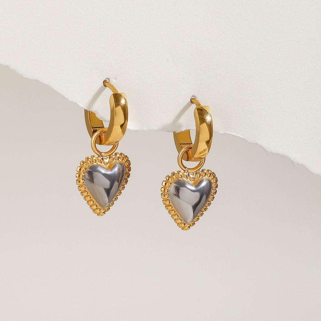 Puffed Heart Charm Huggie Hoop Earrings - Gold - 1
