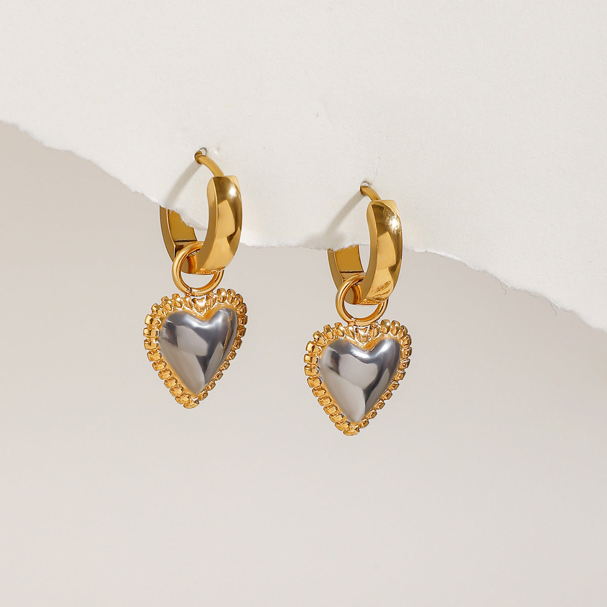 Puffed Heart Charm Huggie Hoop Earrings - Gold - 1