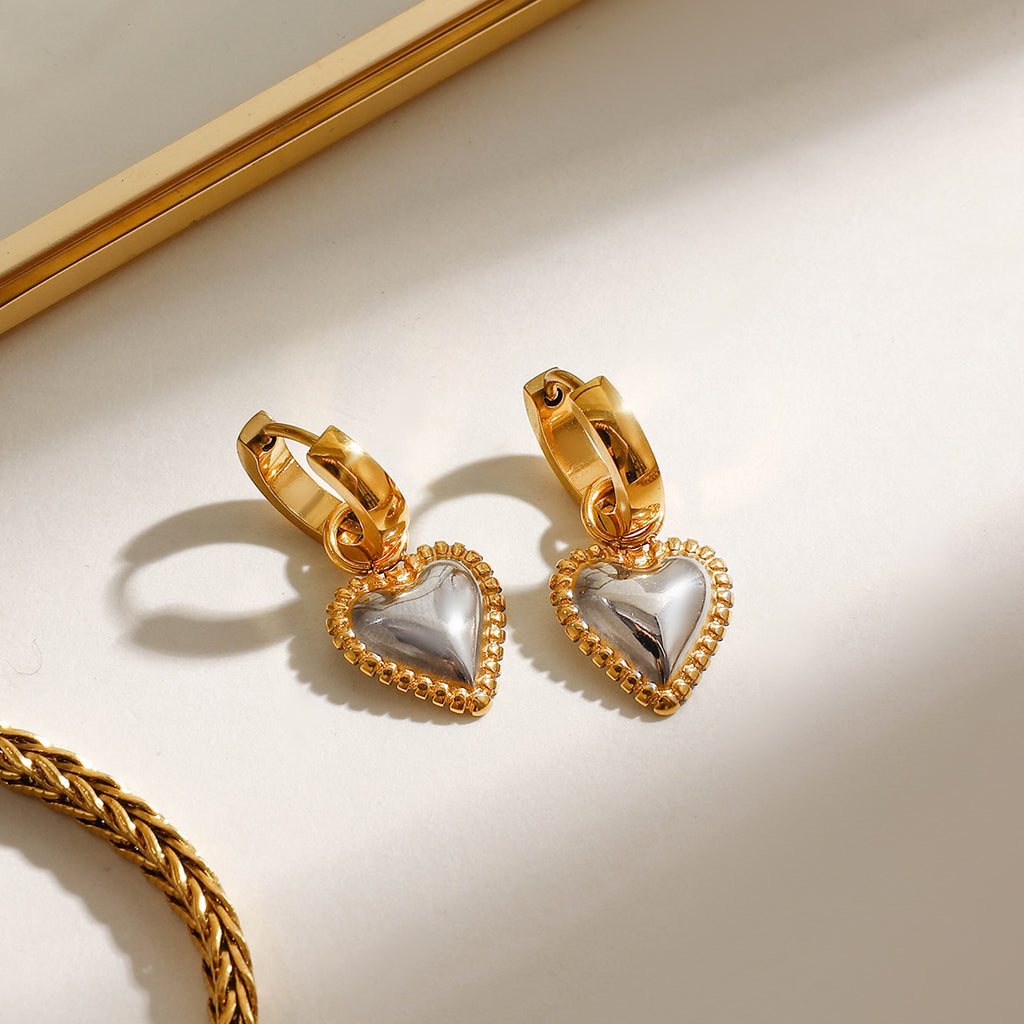 Puffed Heart Charm Huggie Hoop Earrings - Gold - 2