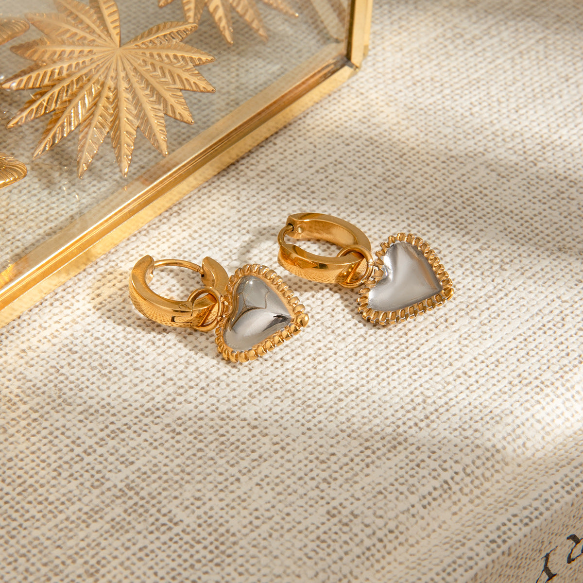 Puffed Heart Charm Huggie Hoop Earrings - Gold - 3