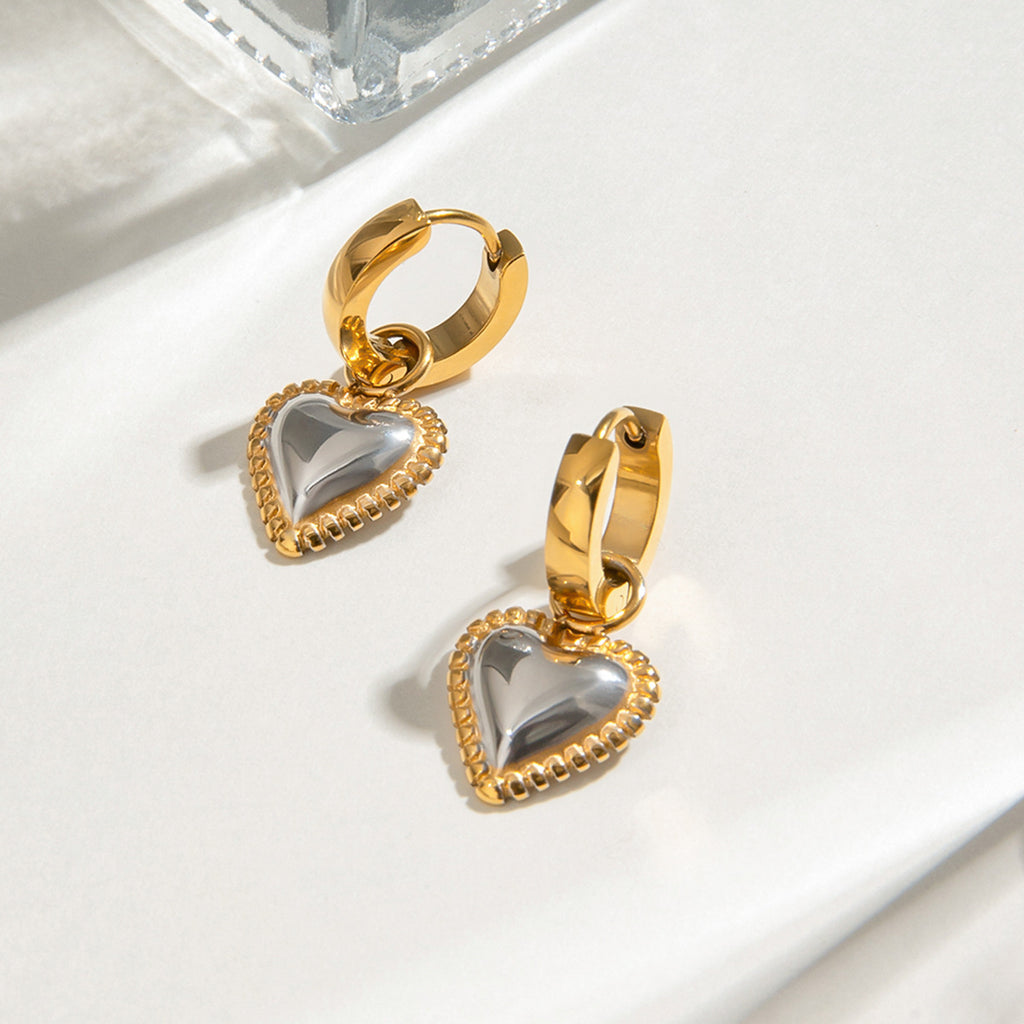 Puffed Heart Charm Huggie Hoop Earrings - Gold - 4