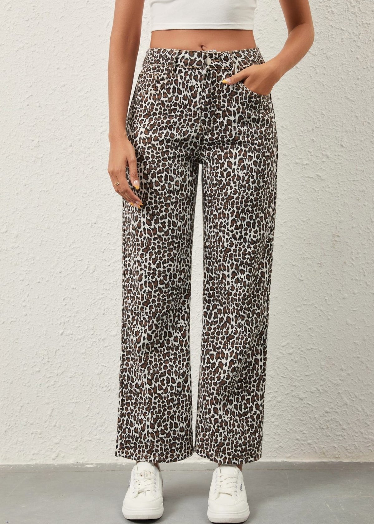 Leopard Print Relaxed Straight Wide Leg Jeans - Leopard