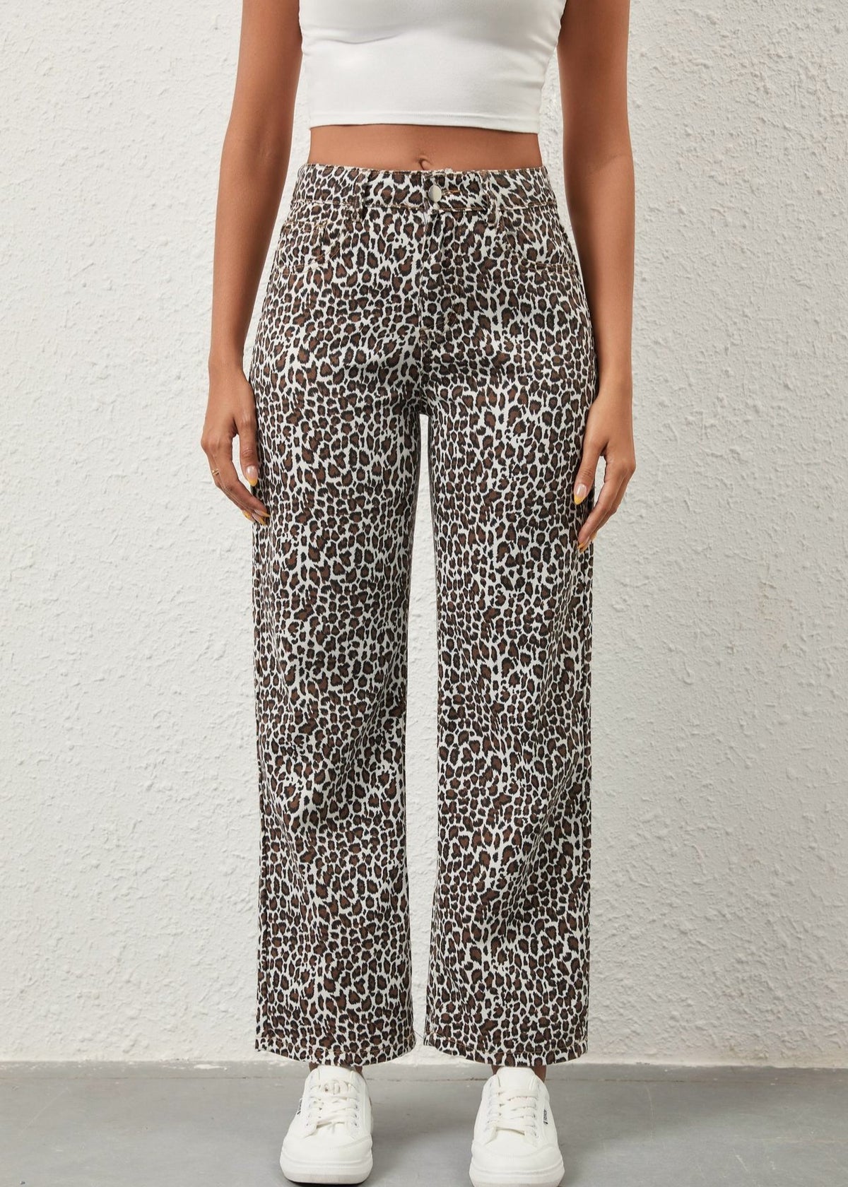 Leopard Print Relaxed Straight Wide Leg Jeans - Leopard - 3