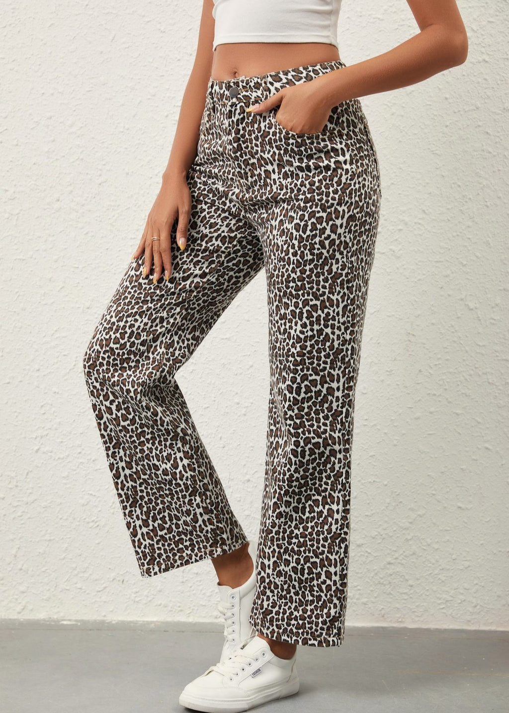 Leopard Print Relaxed Straight Wide Leg Jeans - Leopard - 4