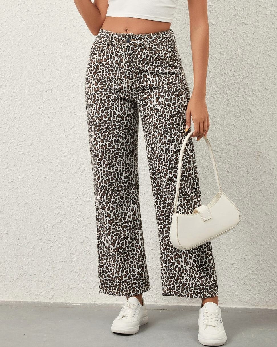 Leopard Print Relaxed Straight Wide Leg Jeans - Leopard - 5