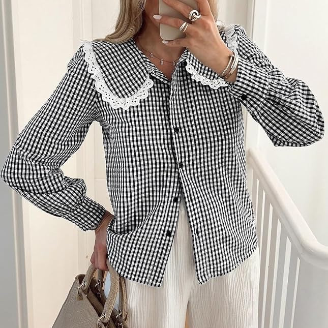 Gingham Check Peter Pan Collar Blouse - Black