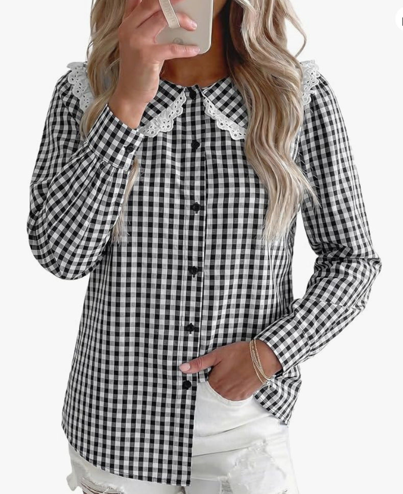 Gingham Check Peter Pan Collar Blouse - Black - 1
