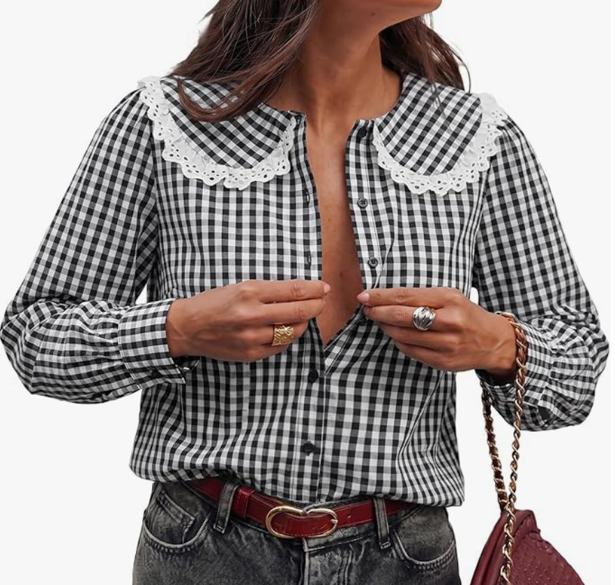Gingham Check Peter Pan Collar Blouse - Black - 2