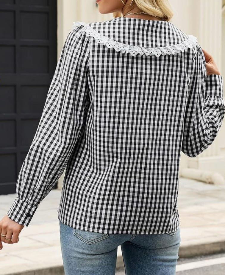Gingham Check Peter Pan Collar Blouse - Black - 3